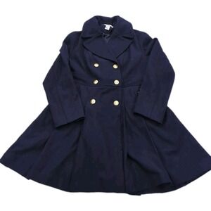 Masseys Wool Blend Pleated Pea Coat Dark Blue L Flare Gold Button Old Money Navy